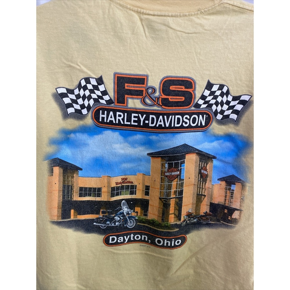 Harley-Davidson Graphic T-Shirt Mens XL Yellow Good 2007 Dayton Ohio Eagle Biker